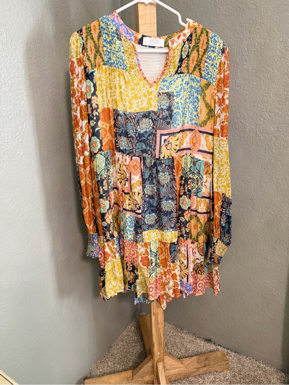 MOD on Trend Multi-Color Patchwork V-Neck Dress. GREAT with boots.